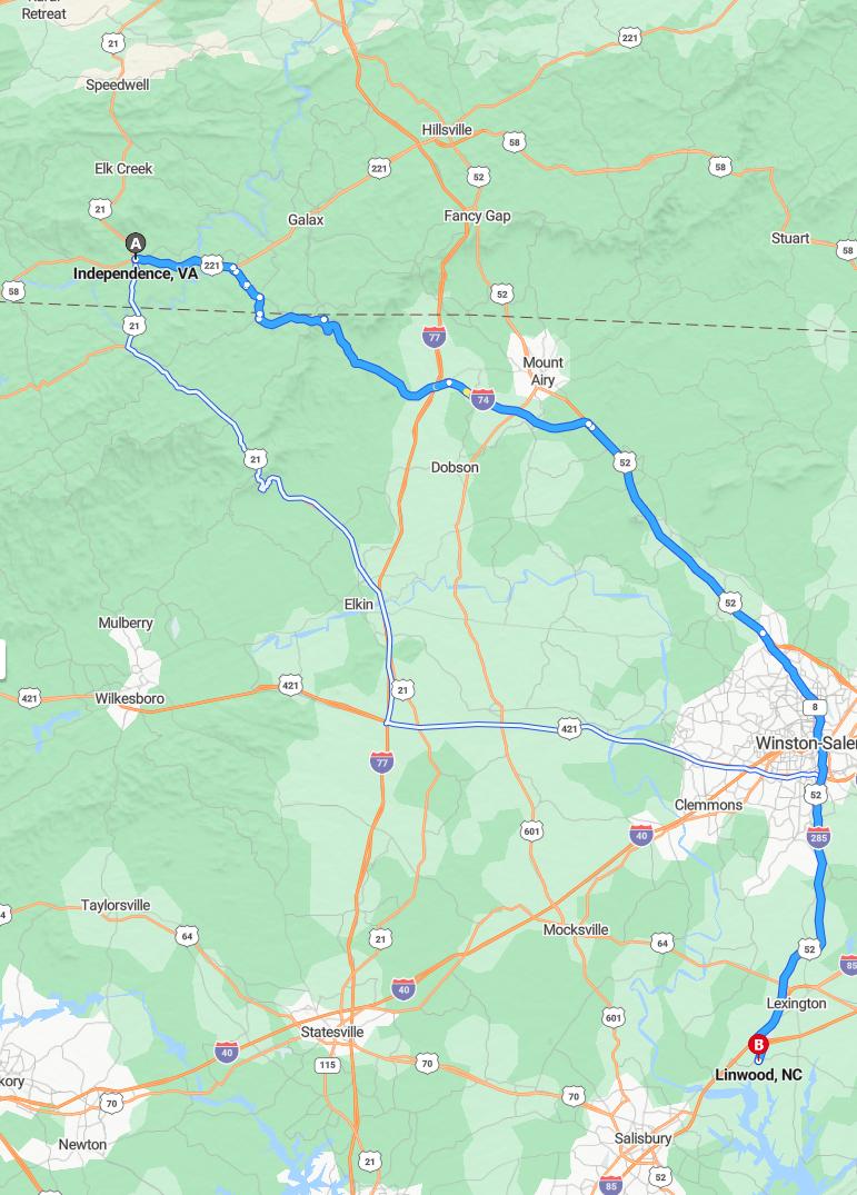 driving from Independence, Virginia to LinwoodNorth Carolina - map and route
