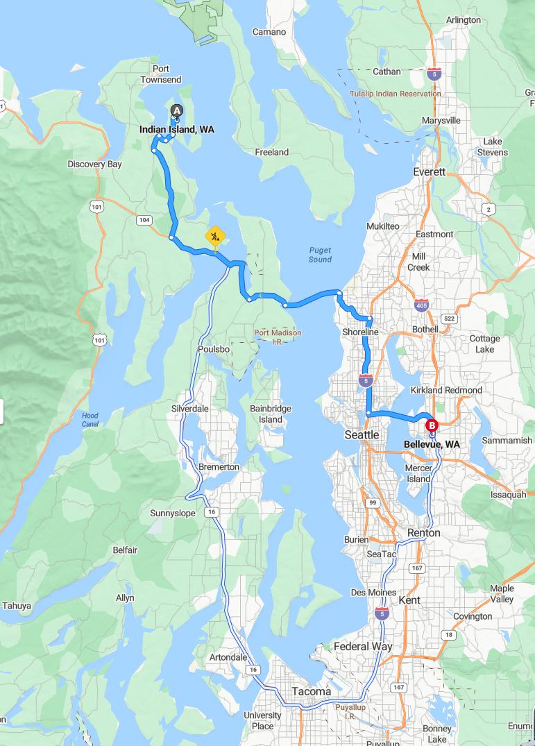driving from Indian Island, Washington to BellevueWashington - map and route