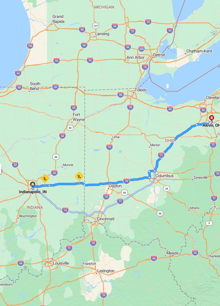 driving from Indianapolis, Indiana to AkronOhio - map and route