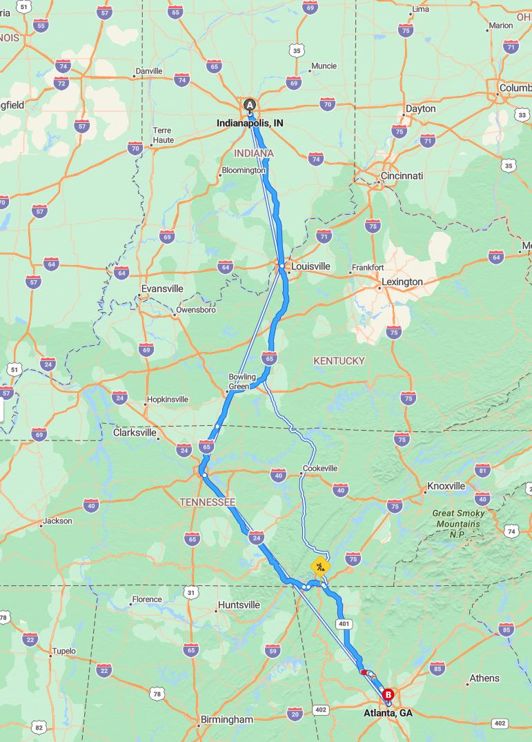 driving from Indianapolis, Indiana to AtlantaGeorgia - map and route