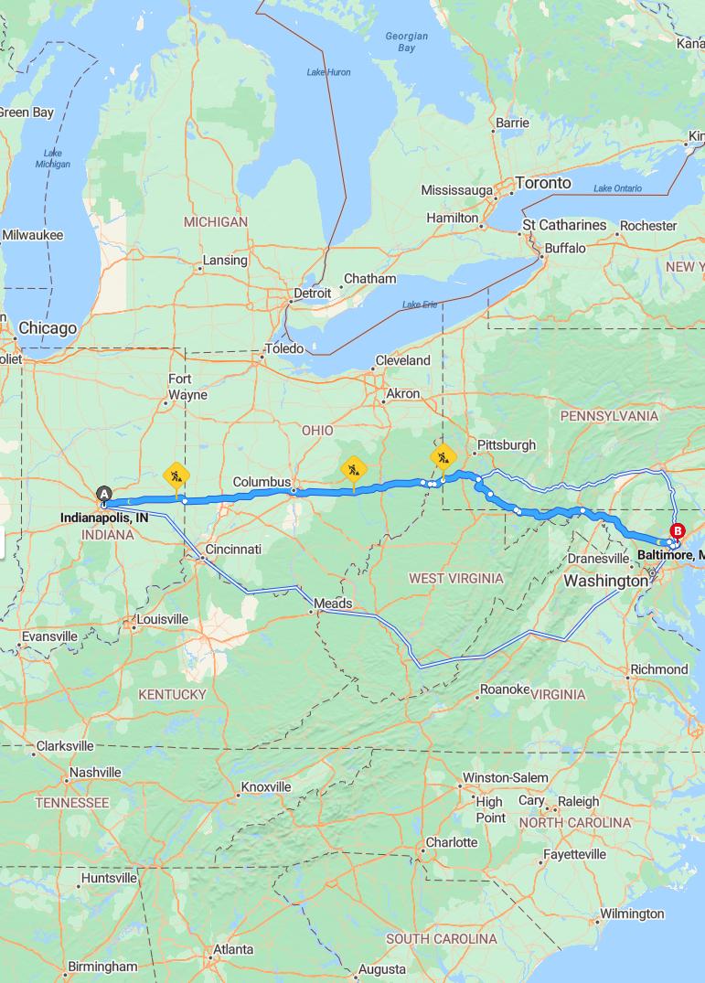 driving from Indianapolis, Indiana to BaltimoreMaryland - map and route