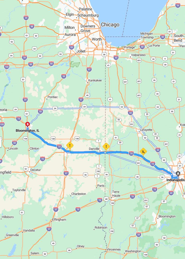 driving from Indianapolis, Indiana to BloomingtonIllinois - map and route