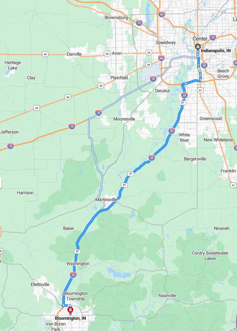 driving from Indianapolis, Indiana to BloomingtonIndiana - map and route