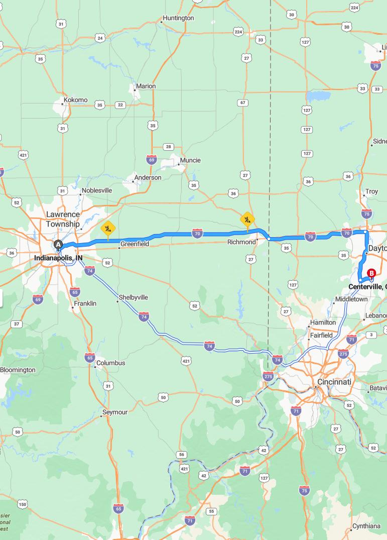 driving from Indianapolis, Indiana to CentervilleOhio - map and route