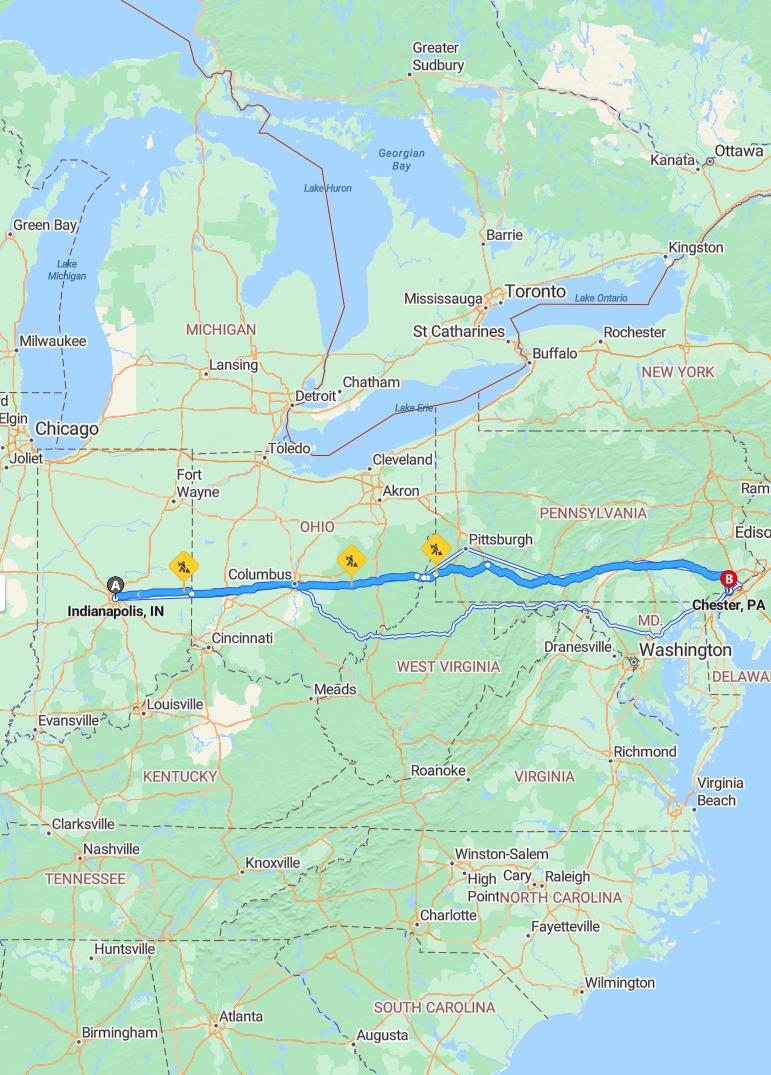 driving from Indianapolis, Indiana to ChesterPennsylvania - map and route