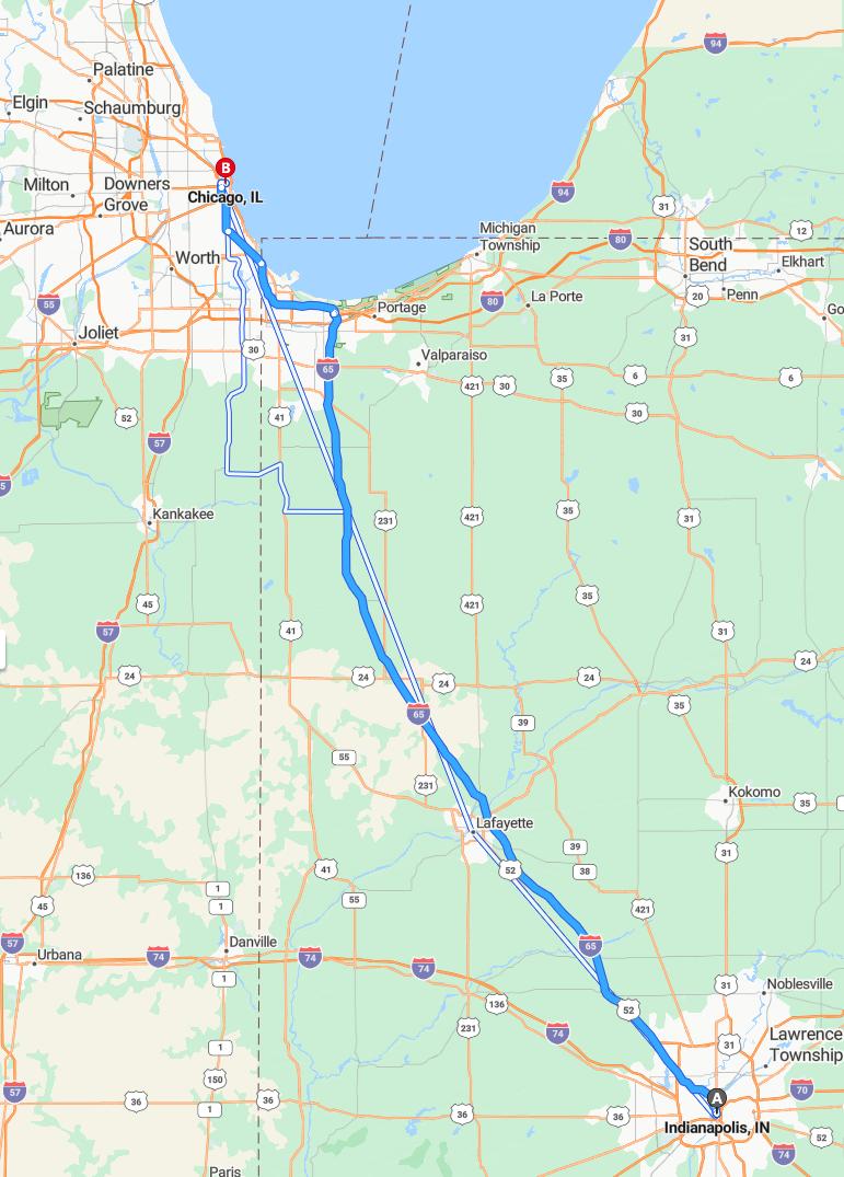 driving from Indianapolis, Indiana to ChicagoIllinois - map and route