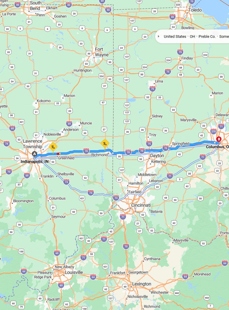 driving from Indianapolis, Indiana to ColumbusOhio - map and route