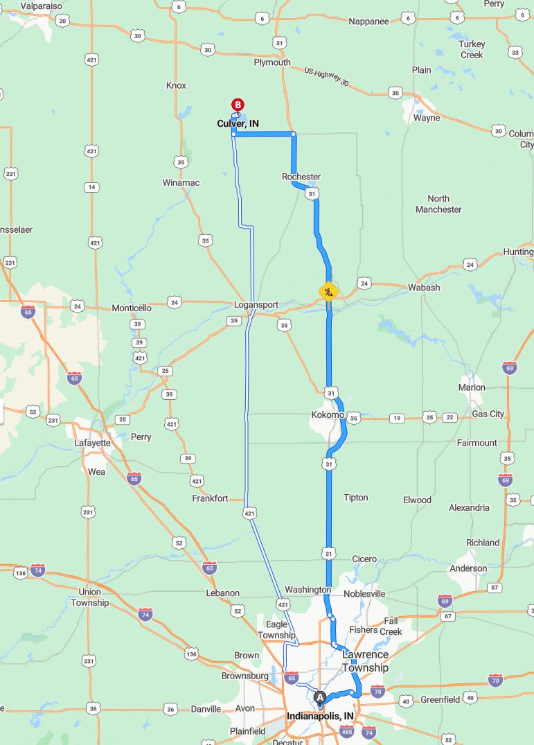 driving from Indianapolis, Indiana to CulverIndiana - map and route
