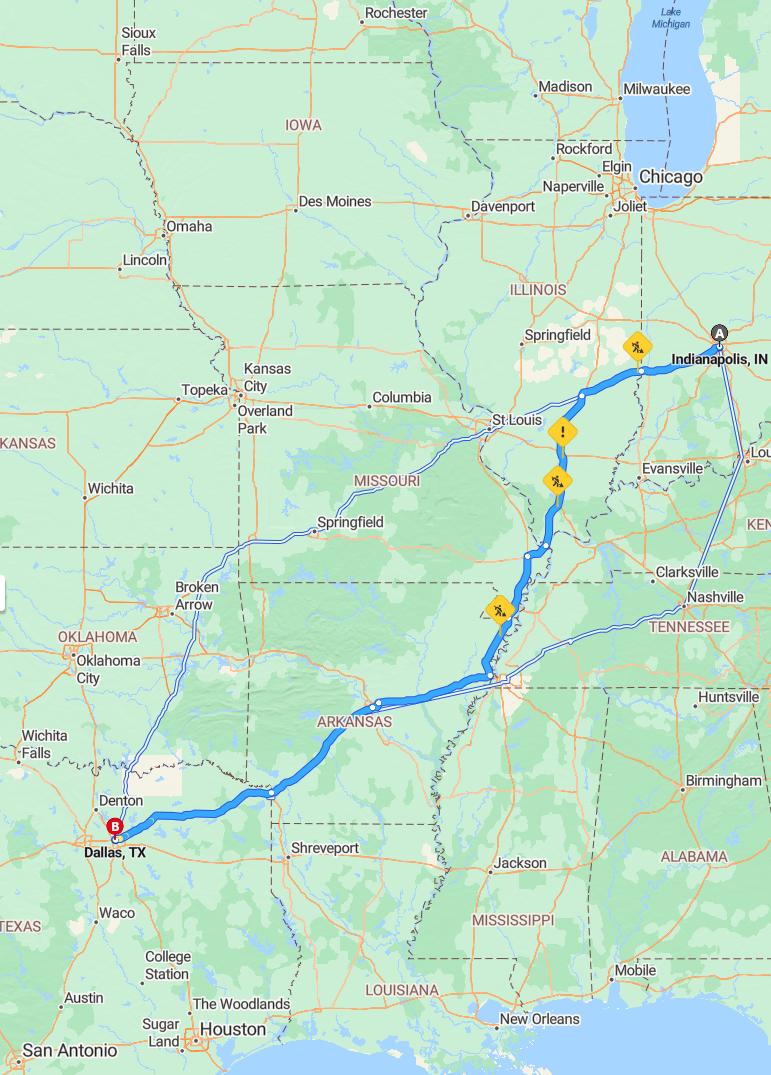 driving from Indianapolis, Indiana to DallasTexas - map and route
