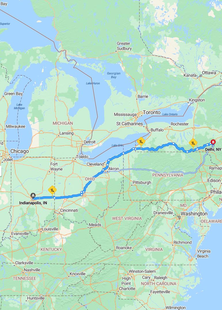 driving from Indianapolis, Indiana to DelhiNew York - map and route