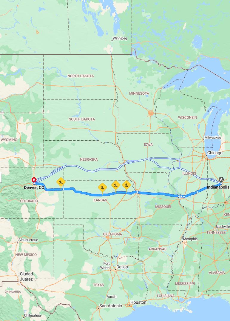 driving from Indianapolis, Indiana to DenverColorado - map and route