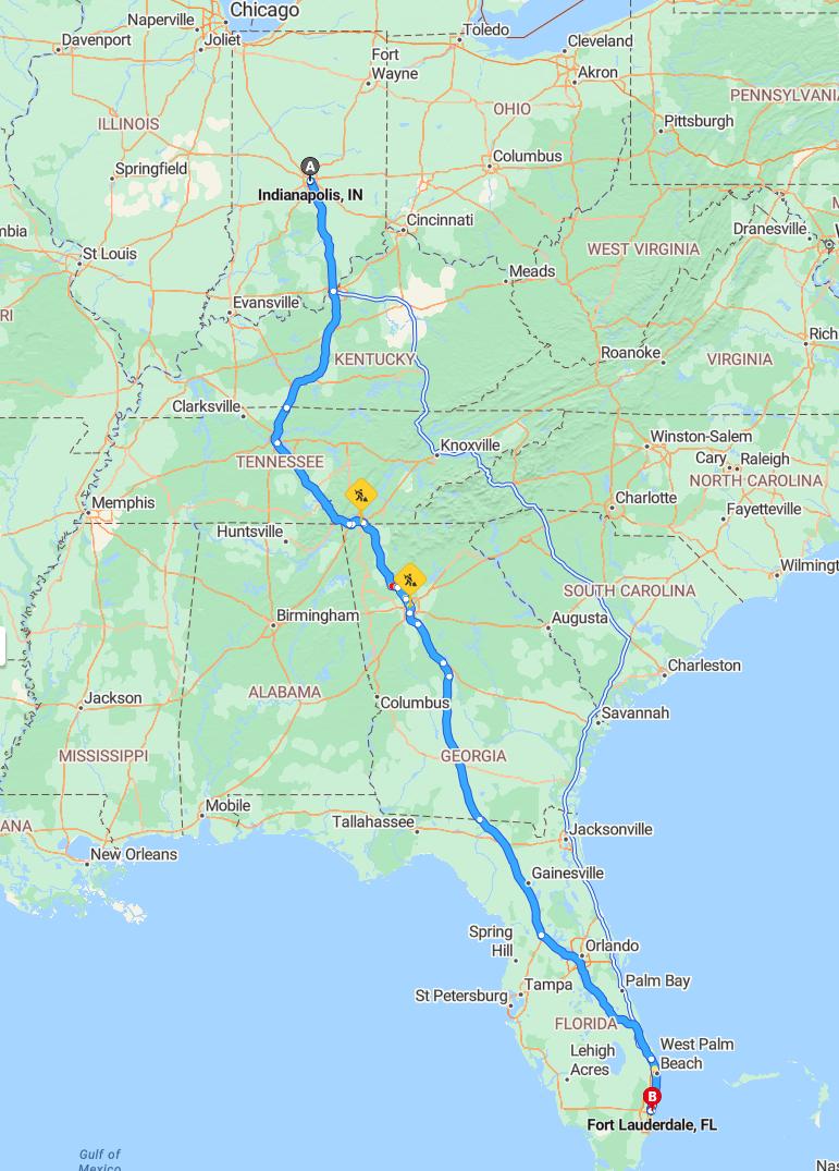 driving from Indianapolis, Indiana to Fort LauderdaleFlorida - map and route