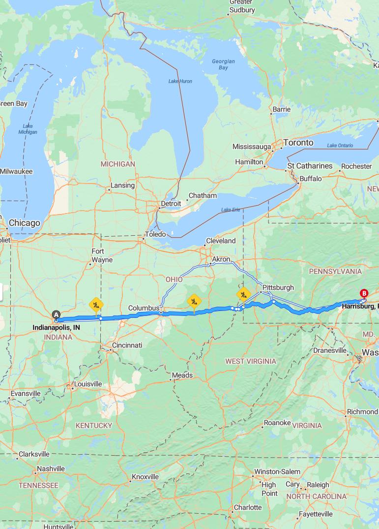 driving from Indianapolis, Indiana to HarrisburgPennsylvania - map and route
