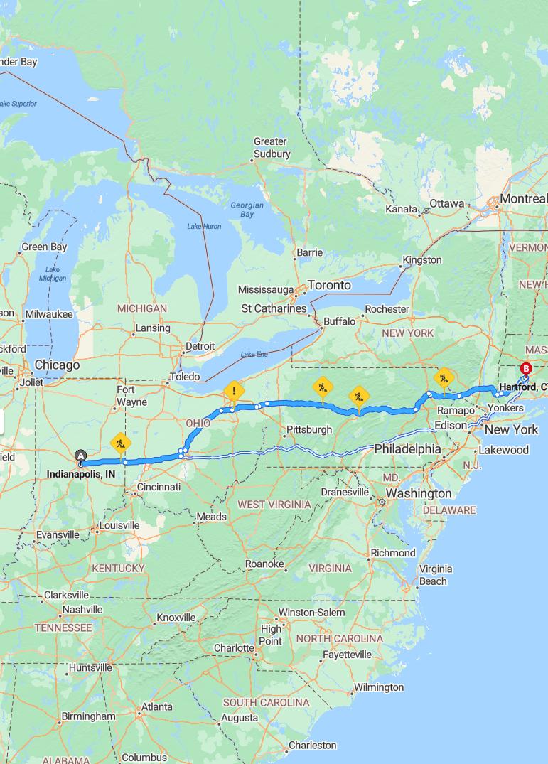 driving from Indianapolis, Indiana to HartfordConnecticut - map and route