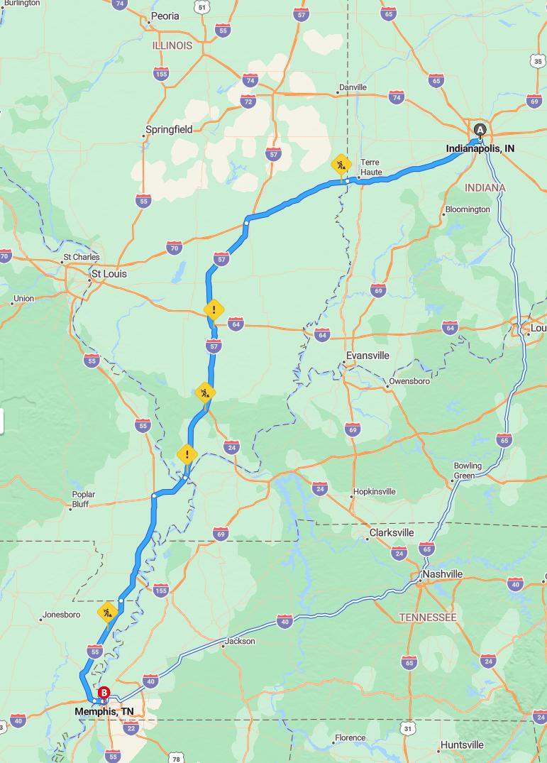driving from Indianapolis, Indiana to MemphisTennessee - map and route