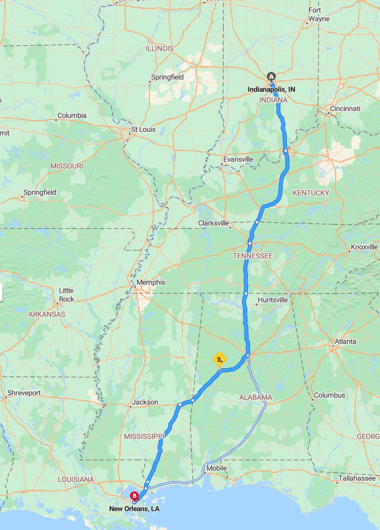 driving from Indianapolis, Indiana to New OrleansLouisiana - map and route