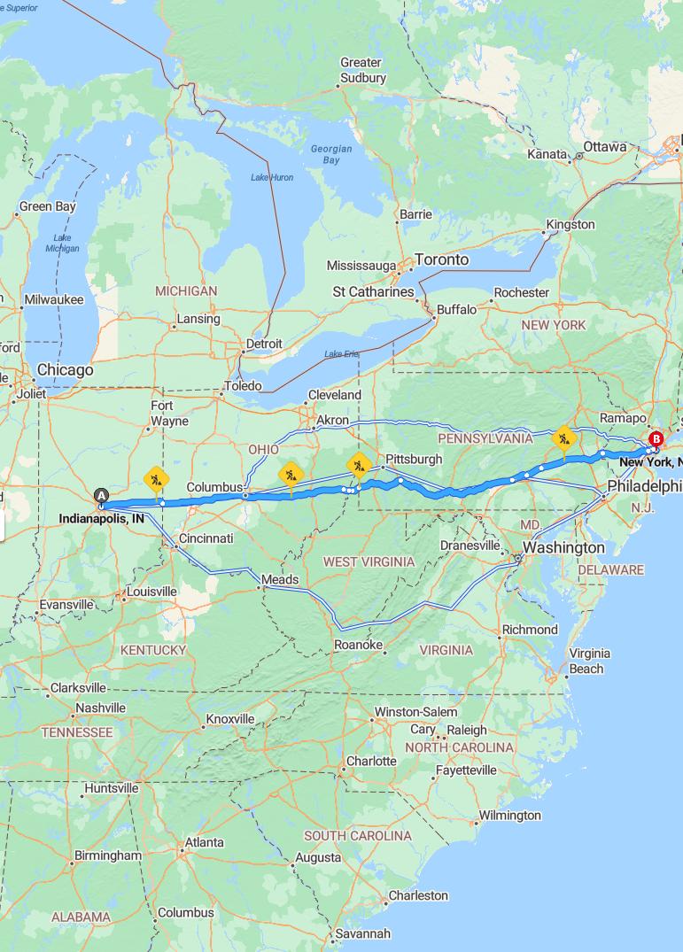 driving from Indianapolis, Indiana to New YorkNew York - map and route