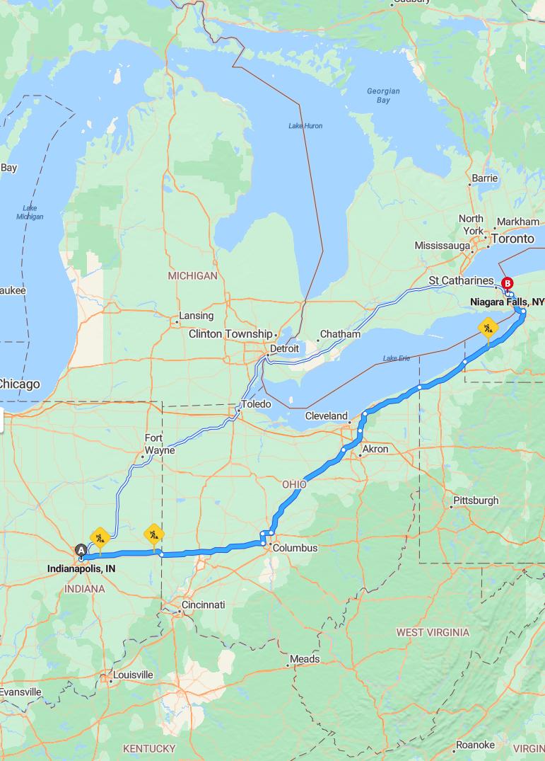 driving from Indianapolis, Indiana to Niagara FallsNew York - map and route