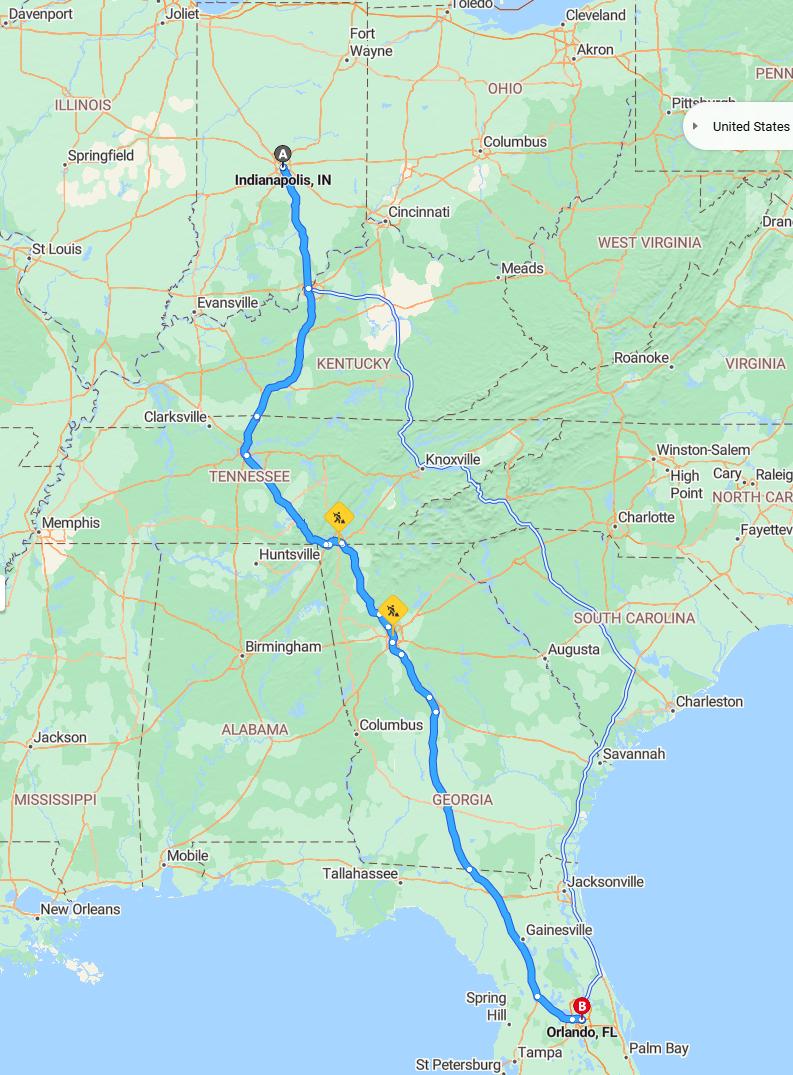 driving from Indianapolis, Indiana to OrlandoFlorida - map and route