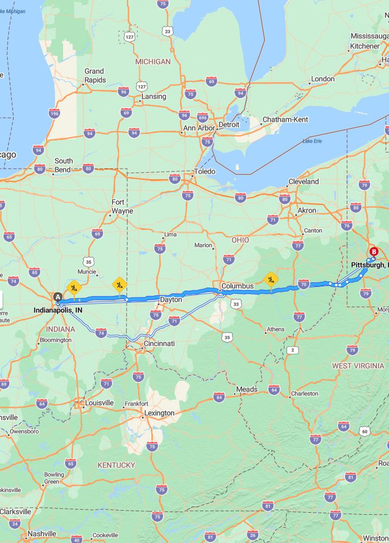 driving from Indianapolis, Indiana to PittsburghPennsylvania - map and route