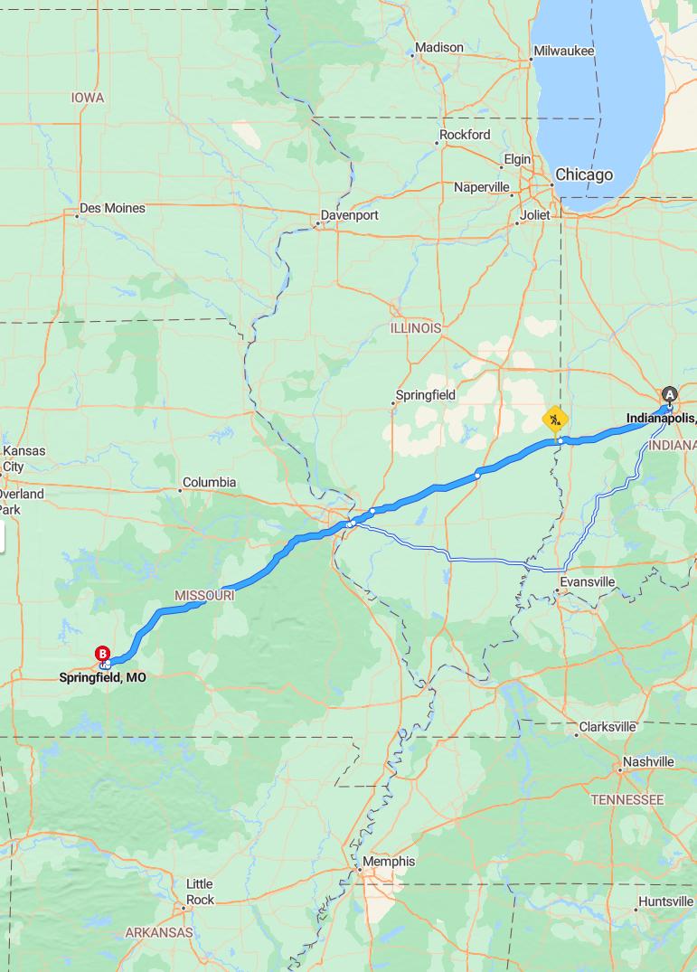 driving from Indianapolis, Indiana to SpringfieldMissouri - map and route