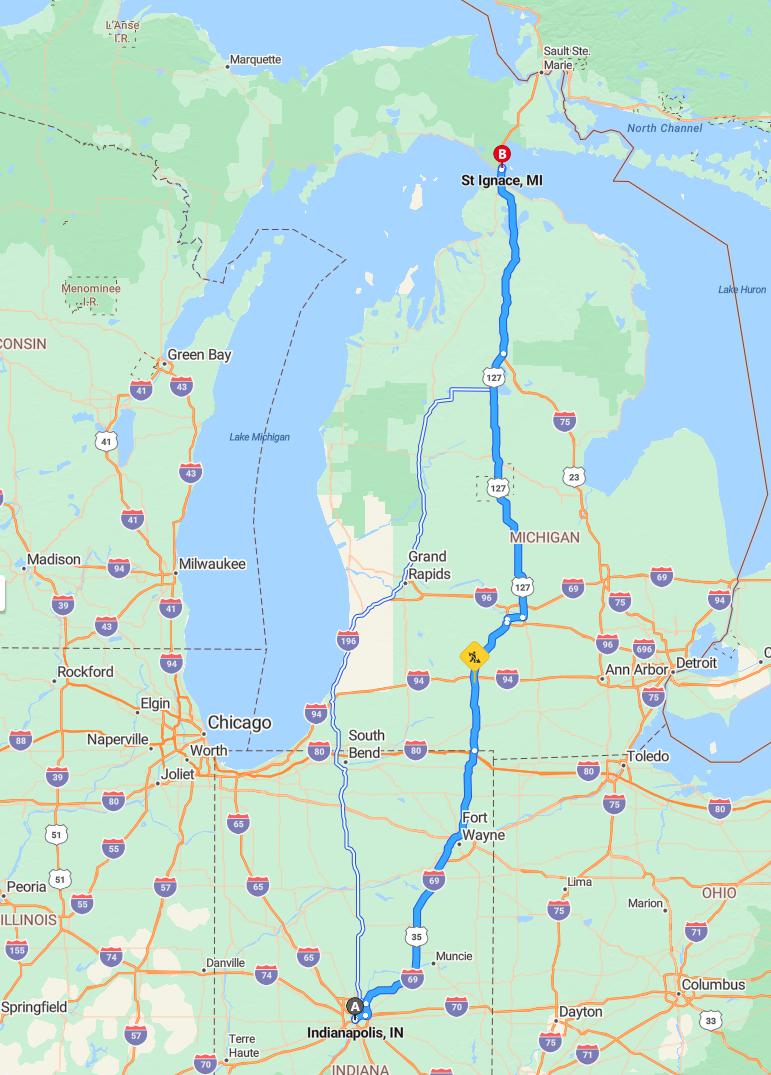 driving from Indianapolis, Indiana to St. IgnaceMichigan - map and route