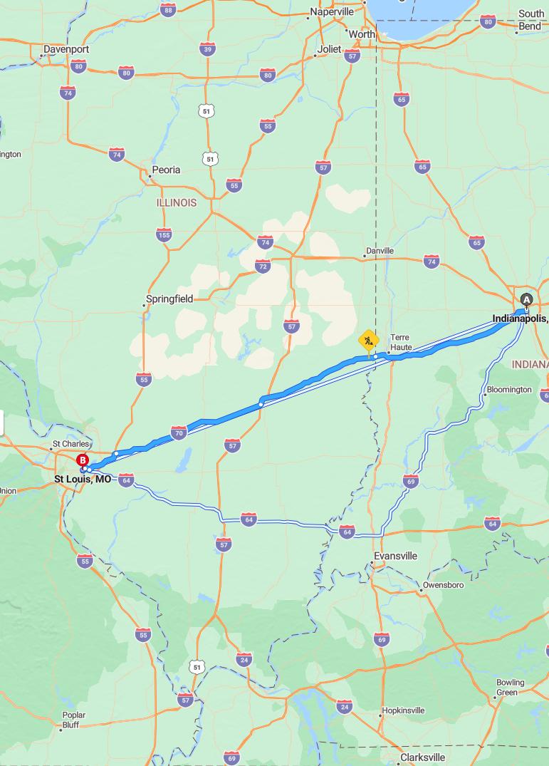 driving from Indianapolis, Indiana to St. LouisMissouri - map and route