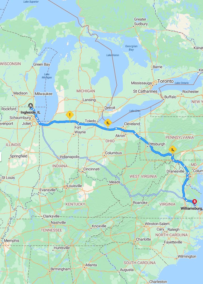 driving from Ingleside, Illinois to WilliamsburgVirginia - map and route