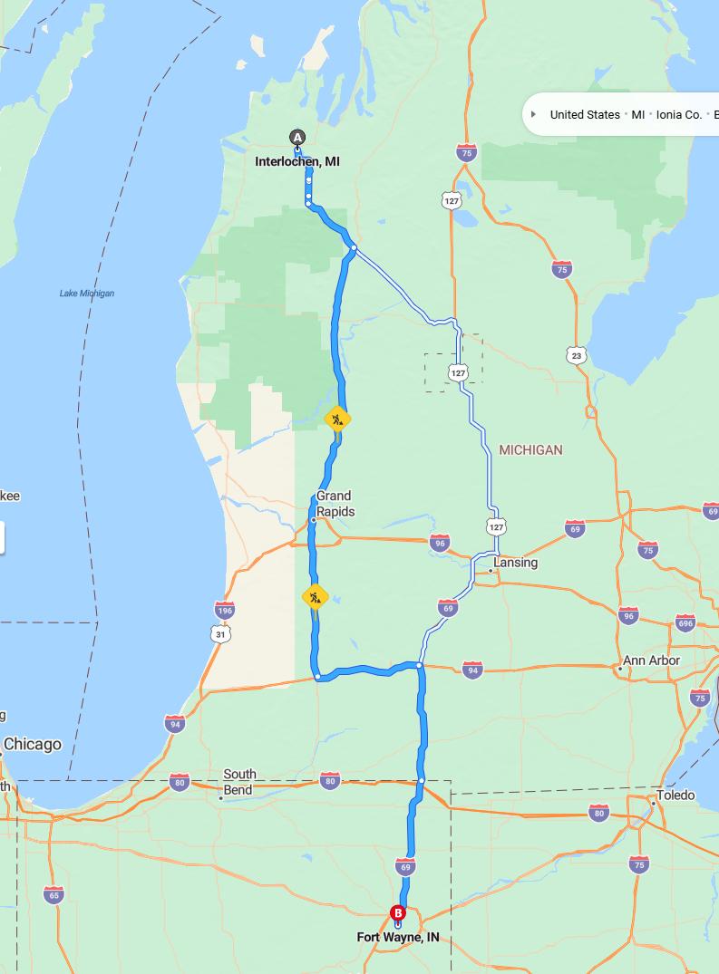 driving from Interlochen, Michigan to Fort WayneIndiana - map and route