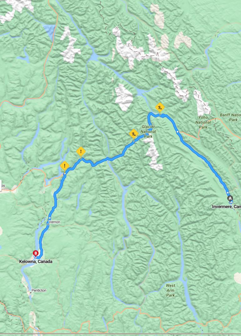driving from Invermere, British Columbia to KelownaBritish Columbia - map and route