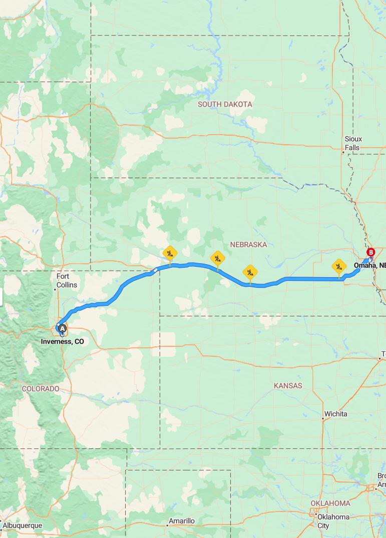driving from Inverness, Colorado to OmahaNebraska - map and route