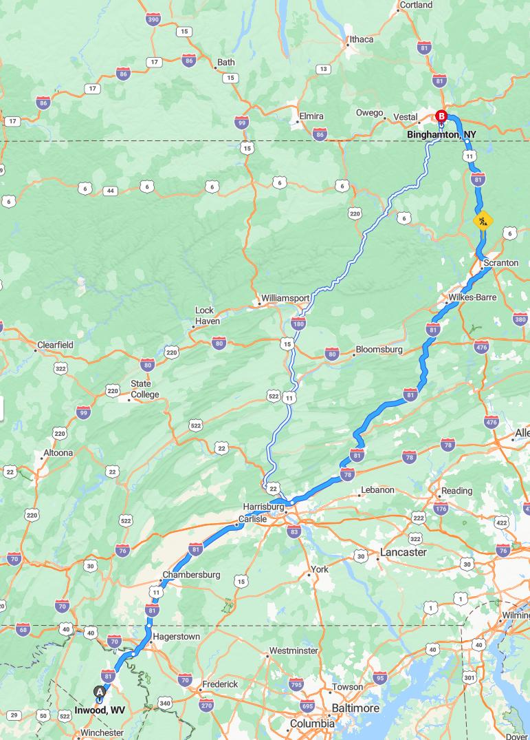 driving from Inwood, West Virginia to BinghamtonNew York - map and route