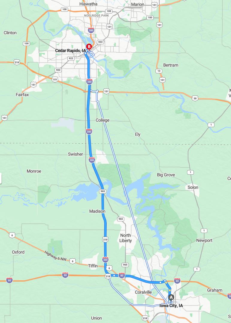 driving from Iowa City, Iowa to Cedar RapidsIowa - map and route