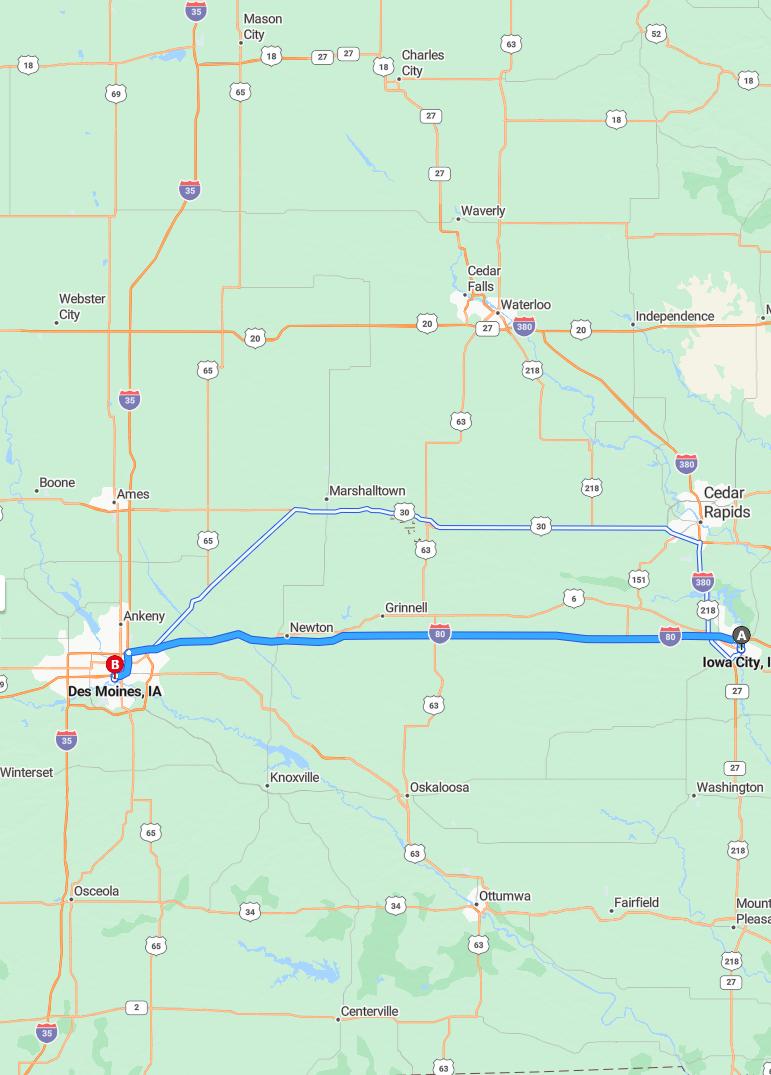 driving from Iowa City, Iowa to Des MoinesIowa - map and route