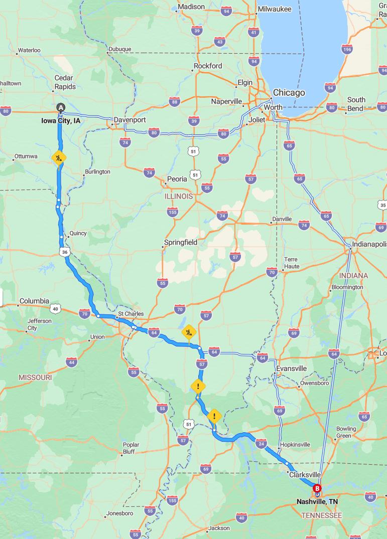 driving from Iowa City, Iowa to NashvilleTennessee - map and route
