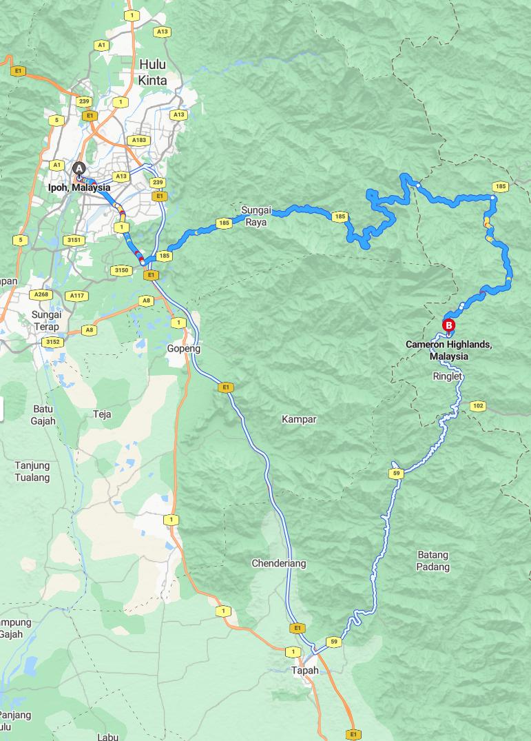 driving from Ipoh, Perak to Cameron HighlandsPahang - map and route