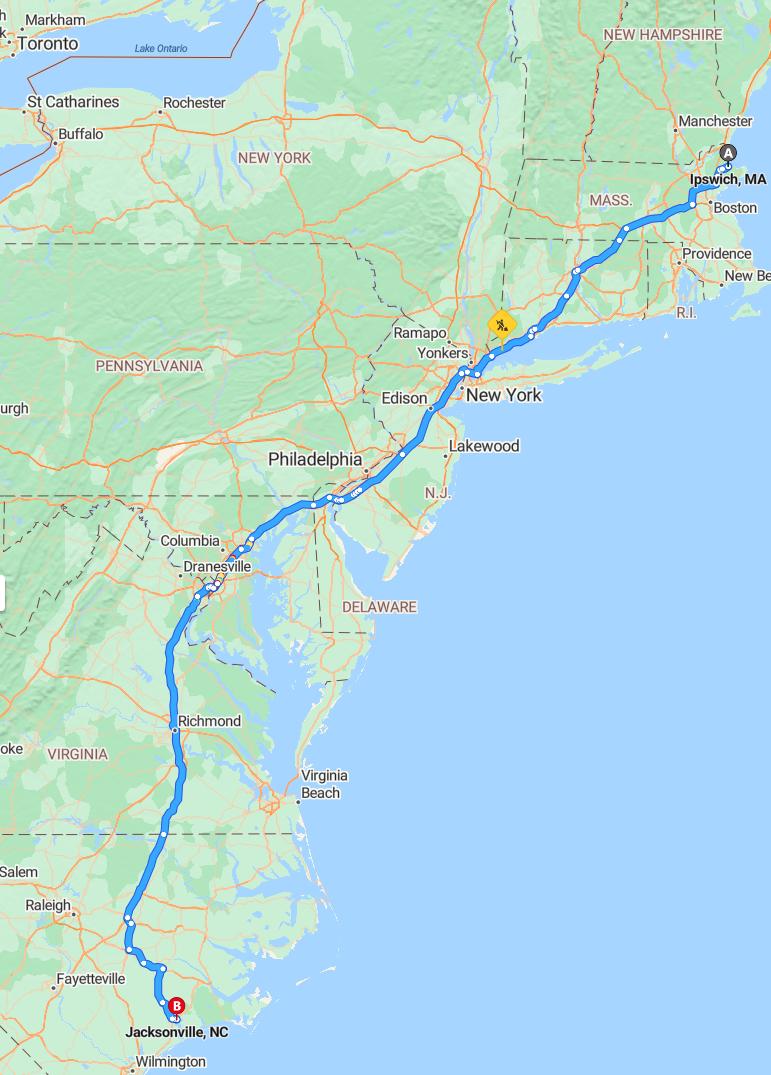 driving from Ipswich, Massachusetts to JacksonvilleNorth Carolina - map and route