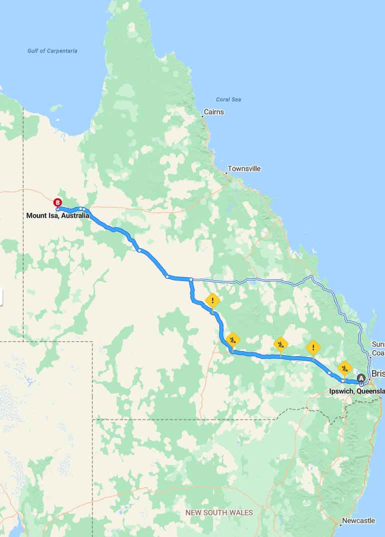 driving from Ipswich, Queensland to Mount IsaQueensland - map and route