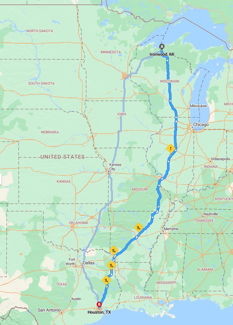 driving from Ironwood, Michigan to HoustonTexas - map and route