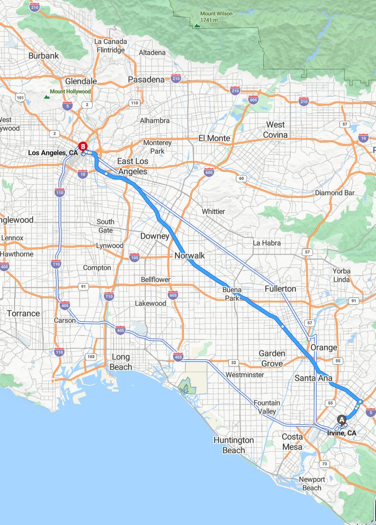 driving from Irvine, California to Los AngelesCalifornia - map and route