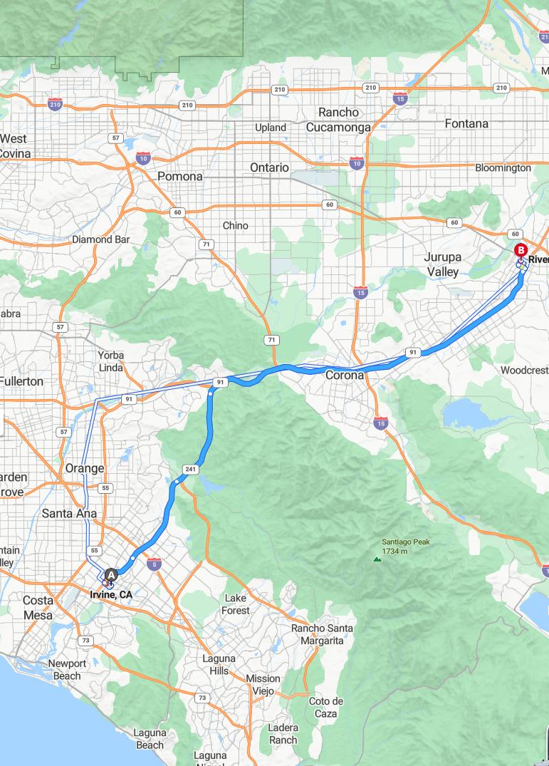 driving from Irvine, California to RiversideCalifornia - map and route