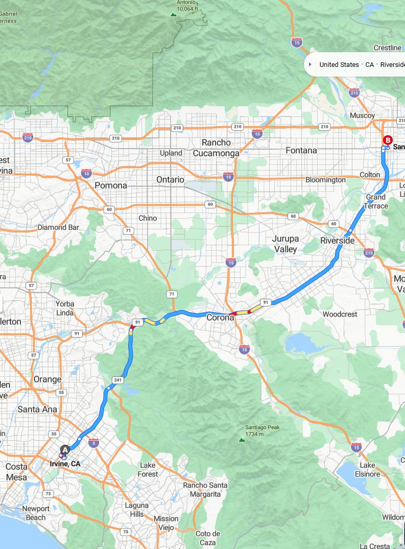 driving from Irvine, California to San BernardinoCalifornia - map and route