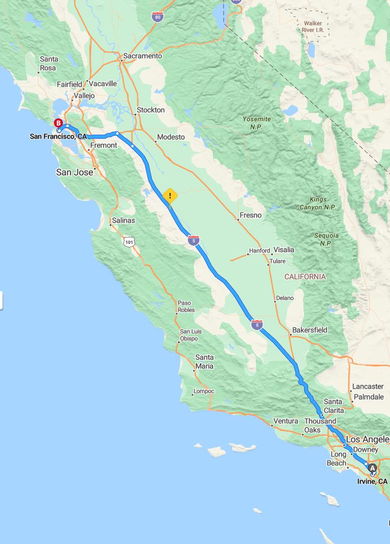 driving from Irvine, California to San FranciscoCalifornia - map and route