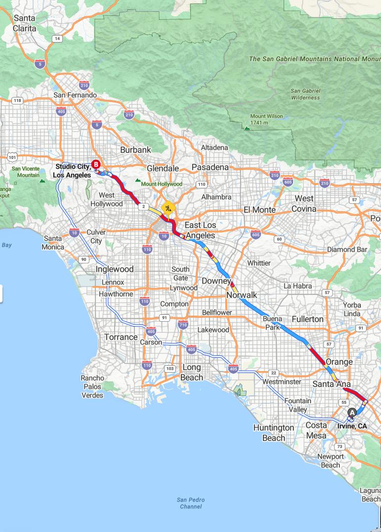 driving from Irvine, California to Studio CityCalifornia - map and route