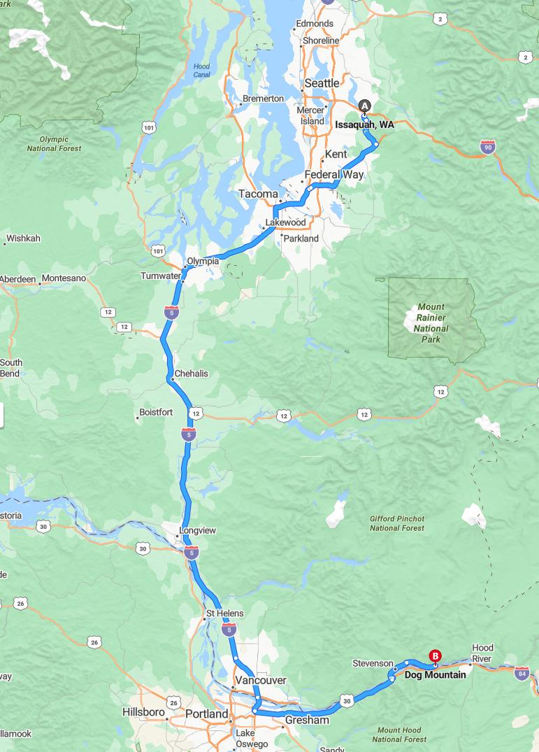 driving from Issaquah, Washington to Dog MountainWashington - map and route