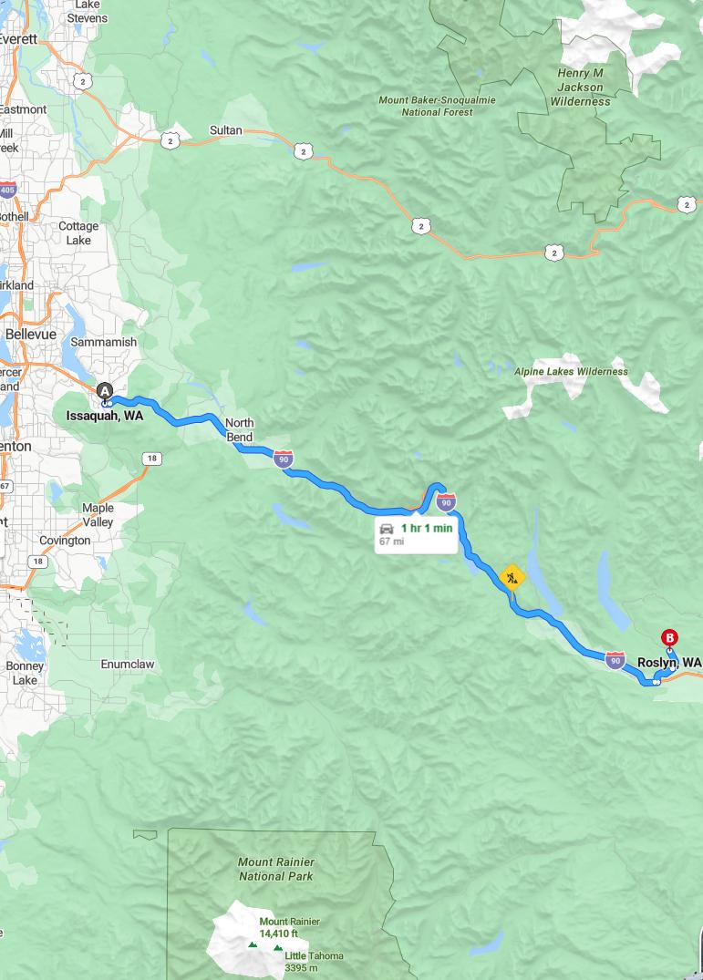 driving from Issaquah, Washington to RoslynWashington - map and route