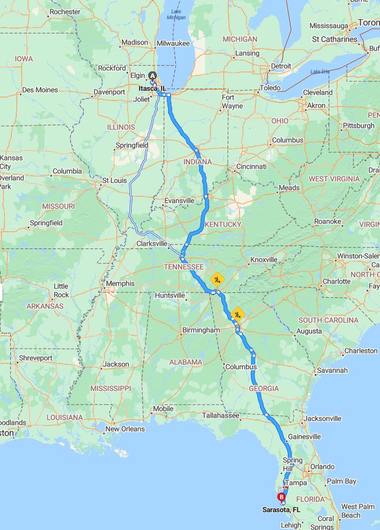 driving from Itasca, Illinois to SarasotaFlorida - map and route
