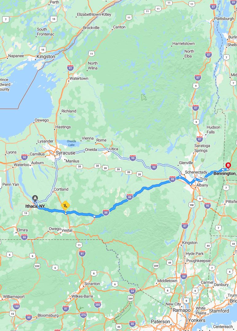 driving from Ithaca, New York to BenningtonVermont - map and route
