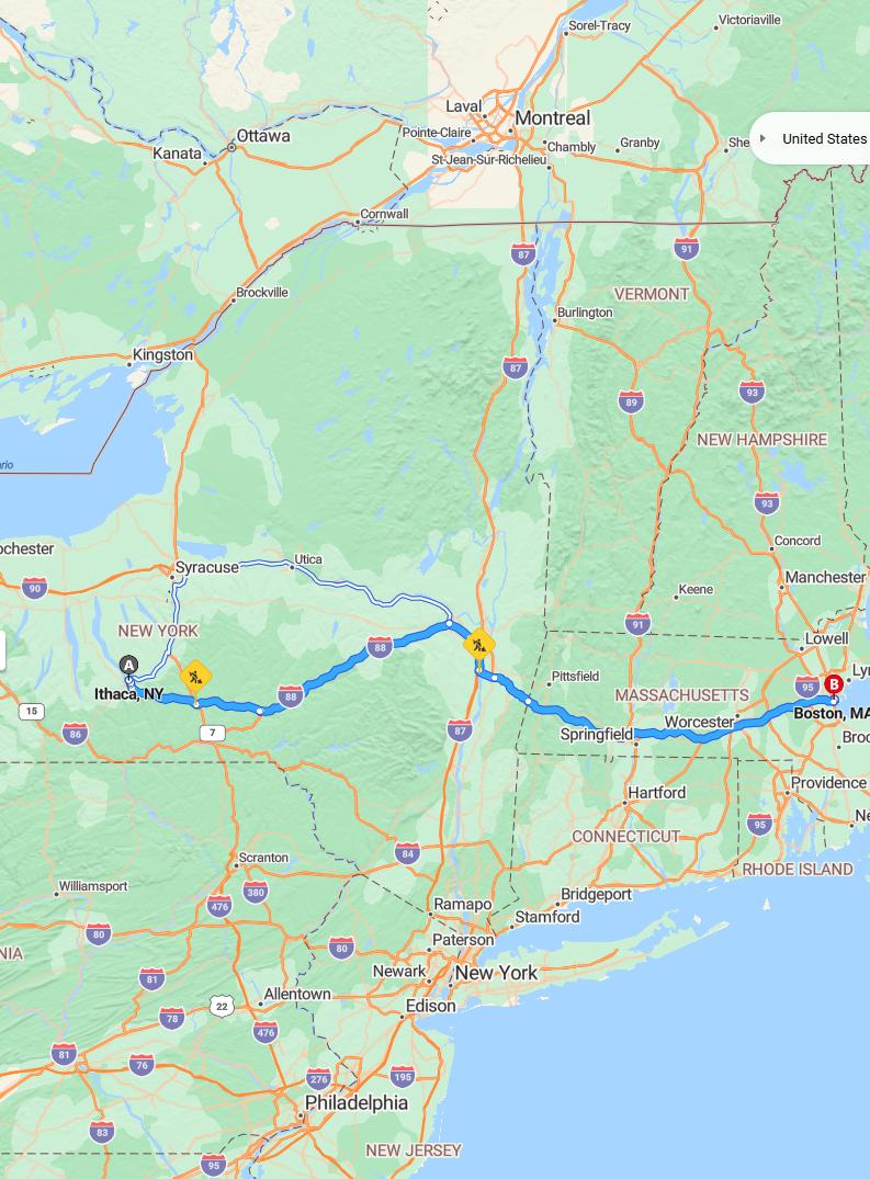 driving from Ithaca, New York to BostonMassachusetts - map and route