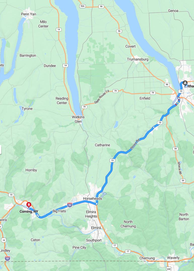 driving from Ithaca, New York to CorningNew York - map and route